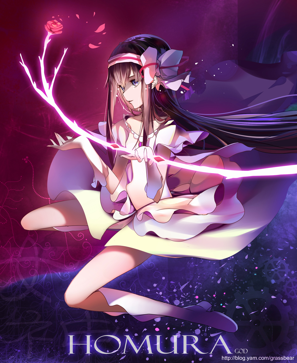 akemi_homura, bare_shoulders, black_hair, boots, bow, bow_(weapon), cao_xiong, collarbone
