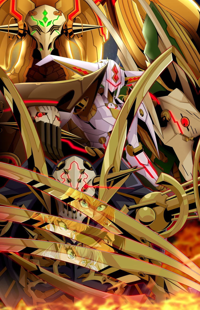 absurdres, andoryu_anzuru, armor, black_armor, blonde_hair, blue_eyes, brown_armor, brown_eyes