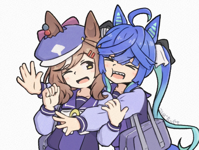 >_<, 2girls, ahoge, animal_ears, aqua_hair, arms_around_another's_back, bag, blue_hair