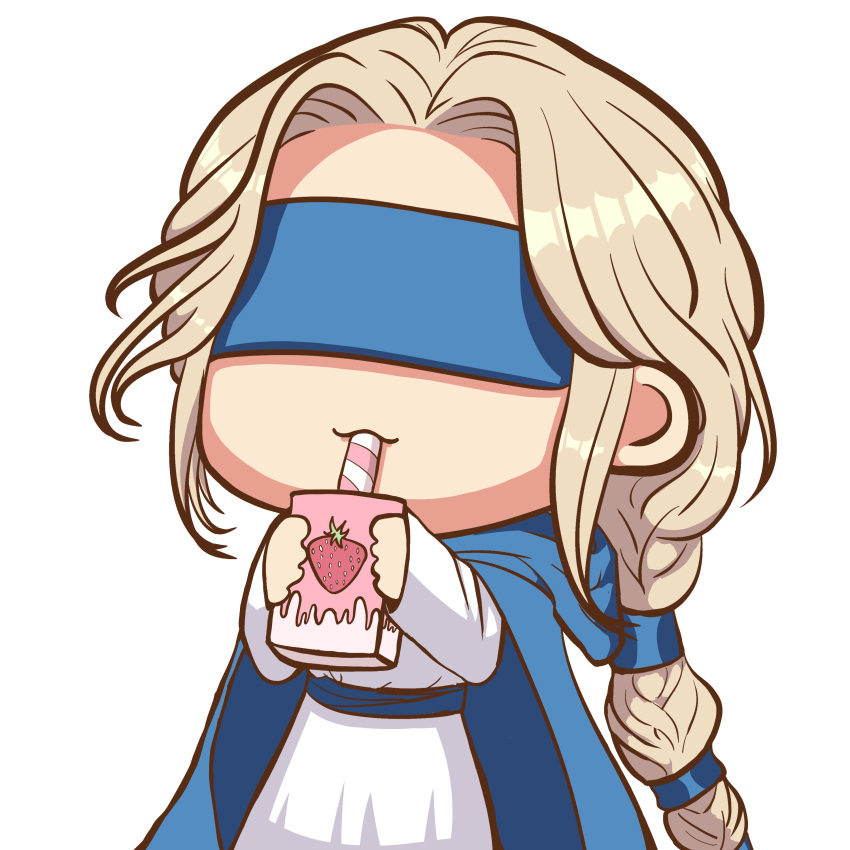 1girl, absurdres, blindfold, blonde_hair, blue_cloak, border, braid, cassie_(shadow_slave), catphine, chibi, chibi_only, cloak, cowboy_shot, dress, drink_carton, drinking, highres, holding, holding_milk_carton, hood, hooded_cloak, milk_carton, shadow_slave, sidelocks, single_braid, solo, strawberry_milk, white_border, white_dress