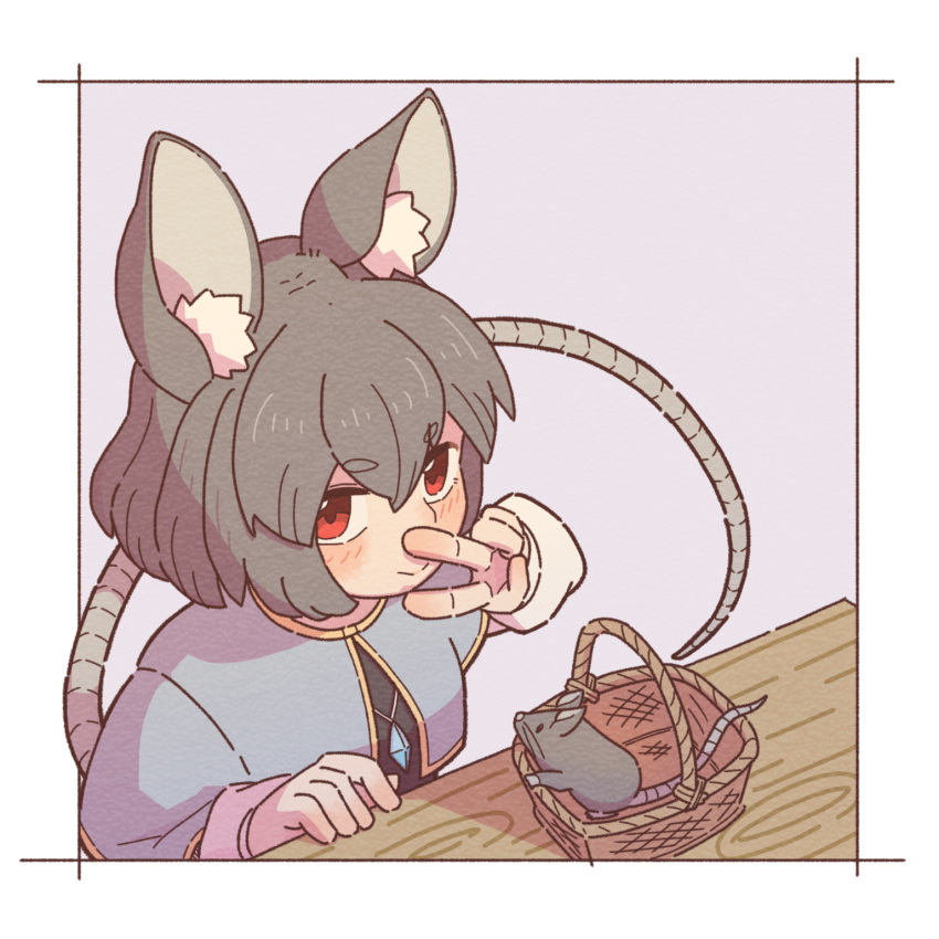 1girl, :>, animal_ear_fluff, animal_ears, basket, blue_capelet, blush, border
