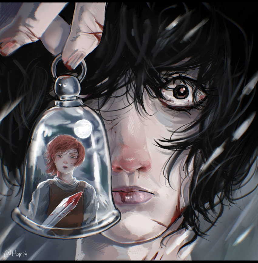 2boys, auro_of_the_nine, bell, black_eyes, black_hair, blood, blood_on_face, blood_on_weapon