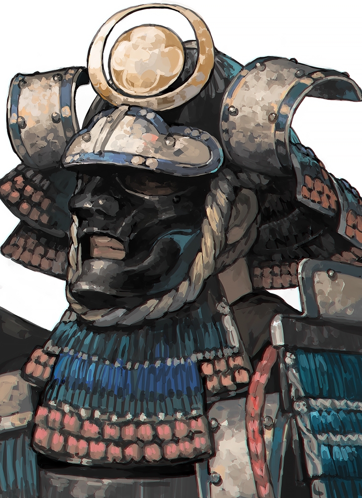 1boy, aoin, armor, commentary_request, covered_face, crest, dou, facing_to_the_side