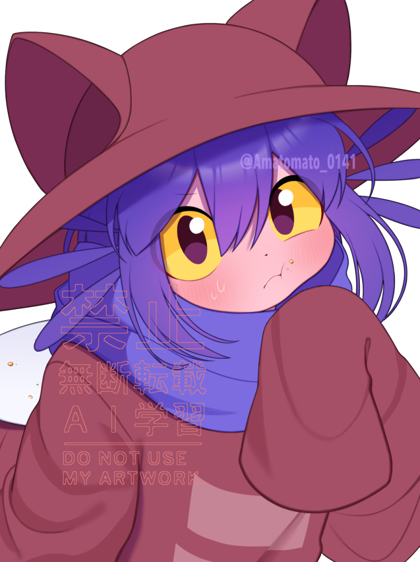 1other, amatomato_0141, androgynous, animal_hat, black_eyes, blue_hair, blue_scarf, blush_stickers