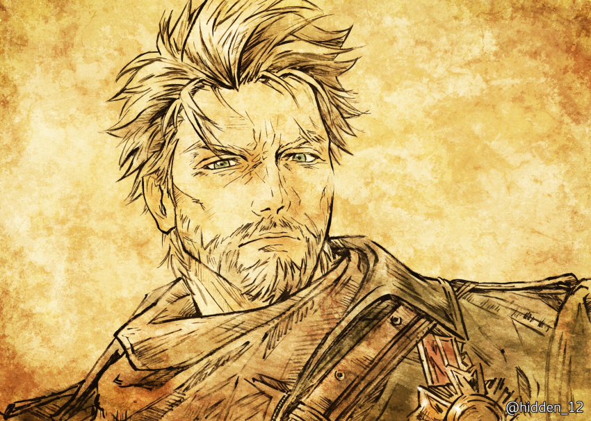 1boy, badge, beard, brown_background, brown_theme, closed_mouth, coat, commentary_request
