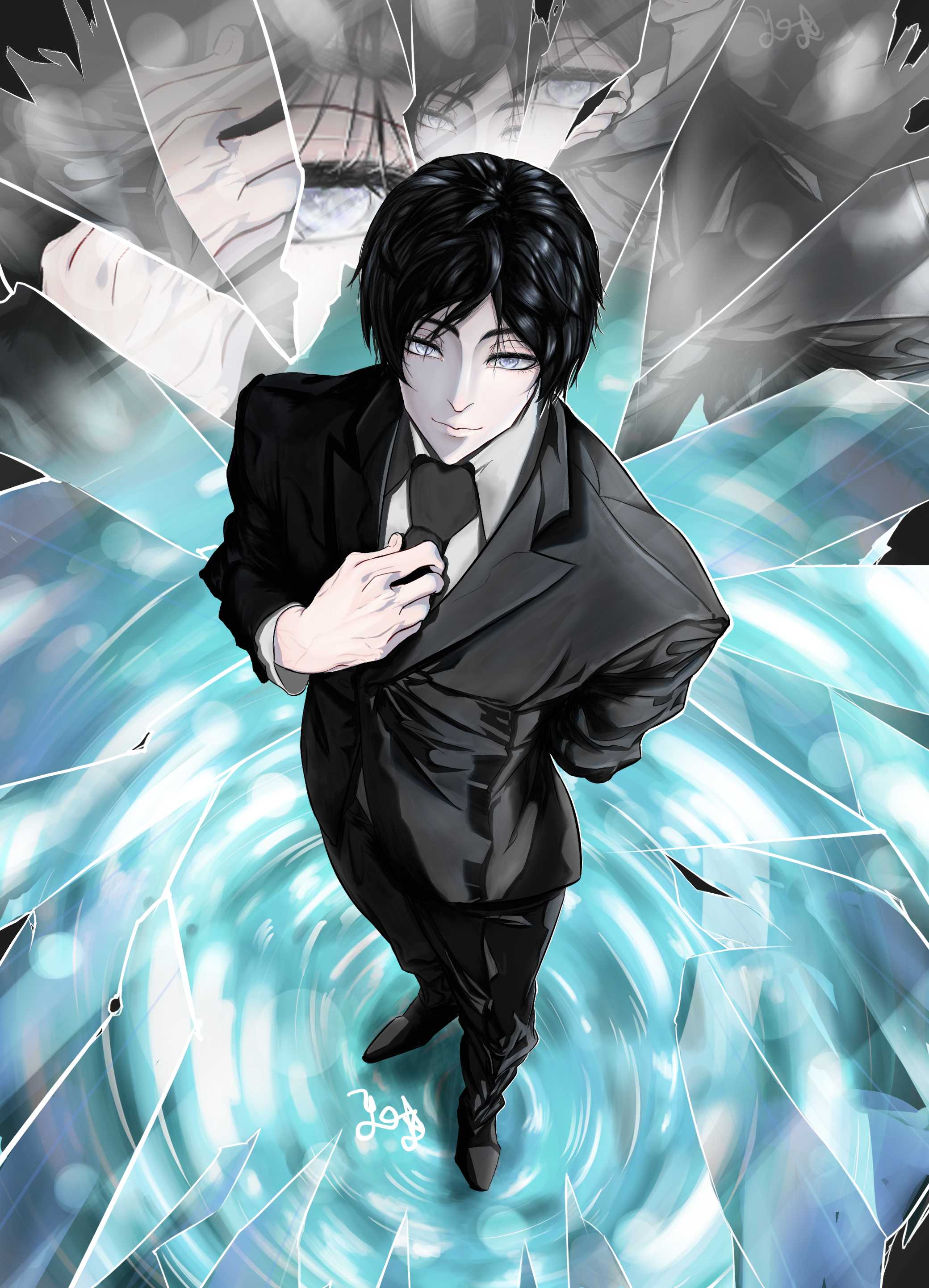 1boy, absurdres, adjusting_clothes, adjusting_necktie, arm_behind_back, black_jacket, black_necktie, black_suit, collared_shirt, commentary, english_commentary, from_above, full_body, highres, jacket, lun5rtic, male_focus, mordret_(shadow_slave), necktie, shadow_slave, shirt, solo, suit, white_shirt