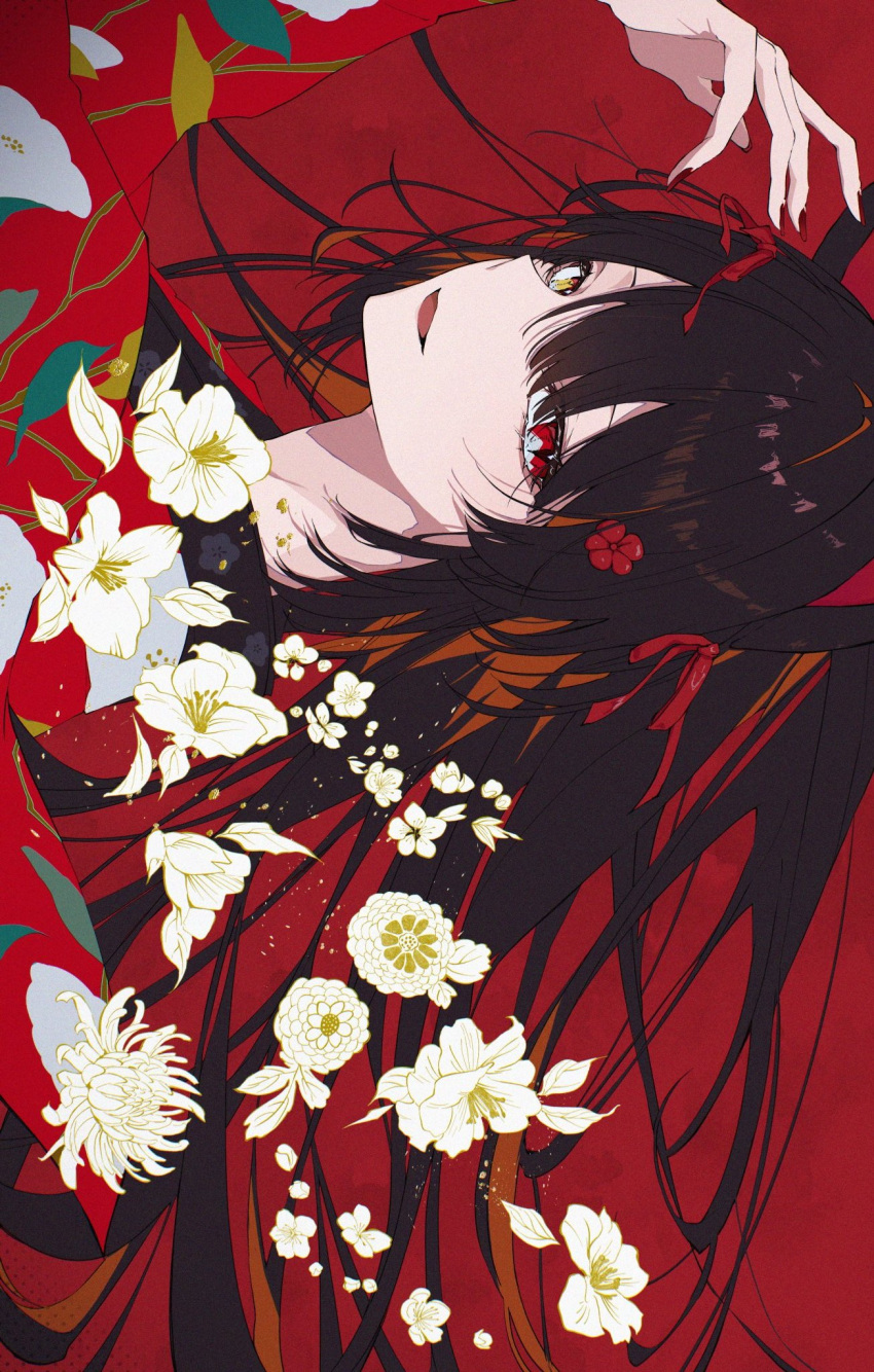 1girl, animal_ears, arm_up, brown_hair, commentary, dog_ears, eyelashes, flower, flower_request, from_side, hair_flower, hair_ornament, hair_ribbon, heterochromia, highres, hp_001, inui_toko, inui_toko_(kimono), japanese_clothes, kimono, long_hair, long_sleeves, looking_at_viewer, looking_to_the_side, nail_polish, nijisanji, open_mouth, portrait, red_background, red_eyes, red_kimono, red_nails, red_ribbon, ribbon, sideways, slit_pupils, smile, solo, untranslatable_commentary, virtual_youtuber, white_flower, yellow_eyes