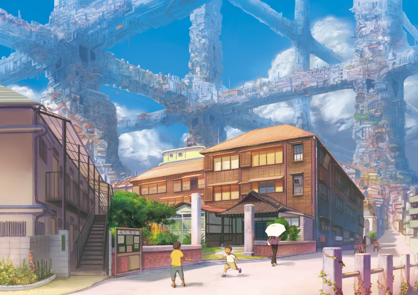 building, child, cityscape, cloud, fence, highres, hongoukan, original, scenery, scenic, sky, tokyo_(city), umbrella, wait8