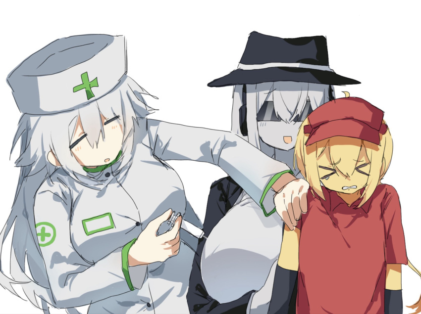 >_<, 3girls, :d, black_hat, black_sleeves, blush_stickers, boob_injection_(meme), breasts