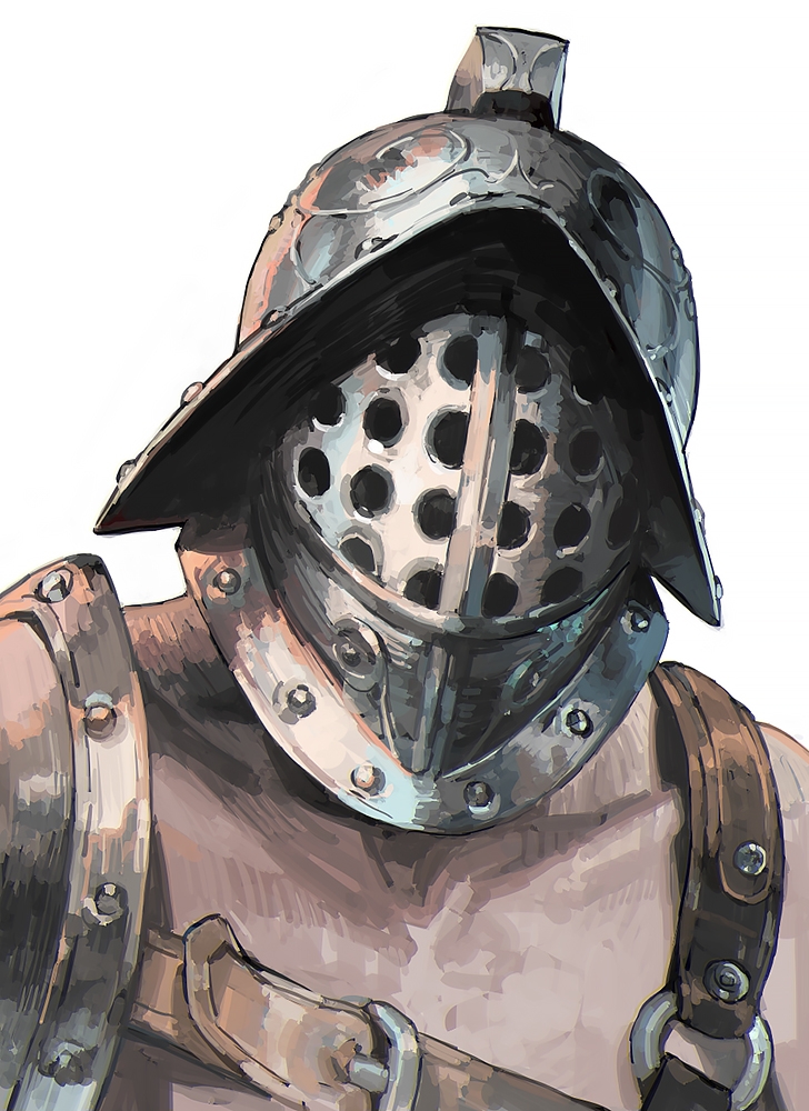 1boy, aoin, armor, collarbone, commentary_request, covered_face, facing_viewer, gladiator, murmillo, murmillo_helmet, original, pauldrons, portrait, shoulder_armor, shoulder_belt, simple_background, single_pauldron, solo, white_background