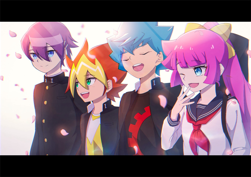 1girl, 3boys, atltax_00, black_coat, black_shirt, blue_eyes, blue_hair, blue_sailor_collar