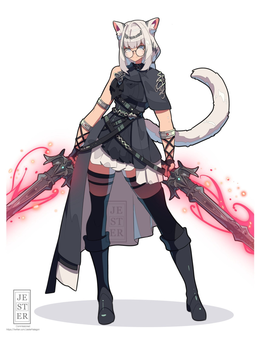 1girl, animal_ear_fluff, animal_ears, armlet, belt, black_boots, black_capelet, black_thighhighs