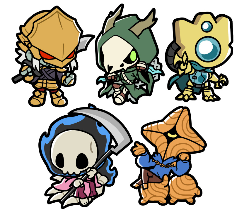 1boy, 2girls, 2others, absurdres, animal_skull, arm_up, armor, bandages
