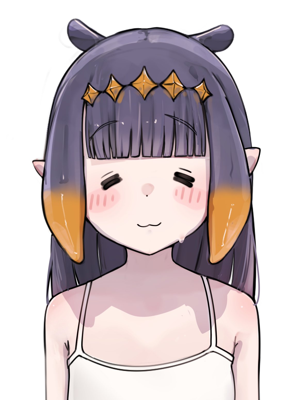 1girl, :3, =_=, blunt_bangs, camisole, closed_eyes, closed_mouth, commentary