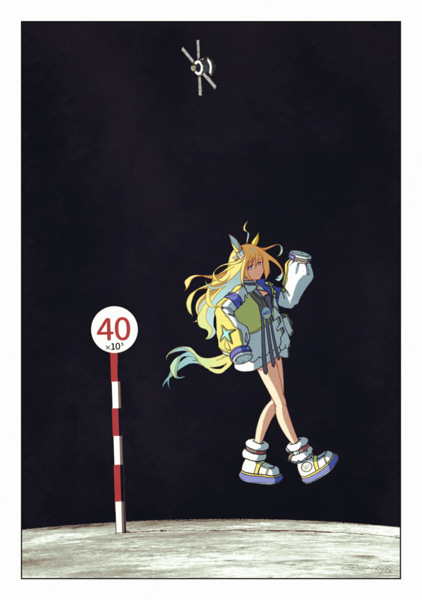 1girl, animal_ears, aqua_hair, artemis_ii, badge, bare_legs, black_background, blonde_hair, blue_eyes, border, button_badge, colored_inner_hair, commentary, ear_ornament, goripan, high_tops, highres, horse_ears, horse_girl, horse_tail, long_hair, long_sleeves, looking_at_viewer, lunar_surface, moon, multicolored_hair, multicolored_outline, negative_space, neo_universe_(umamusume), neo_universe_(universe-naut)_(umamusume), on_moon, orion_(spacecraft), pole, shoes, sidelighting, signature, sleeves_past_fingers, sleeves_past_wrists, sneakers, space, sparkle_hair_ornament, tail, twitter_username, two-tone_hair, umamusume, walking, white_border, white_shoes, wide_shot, zero_gravity