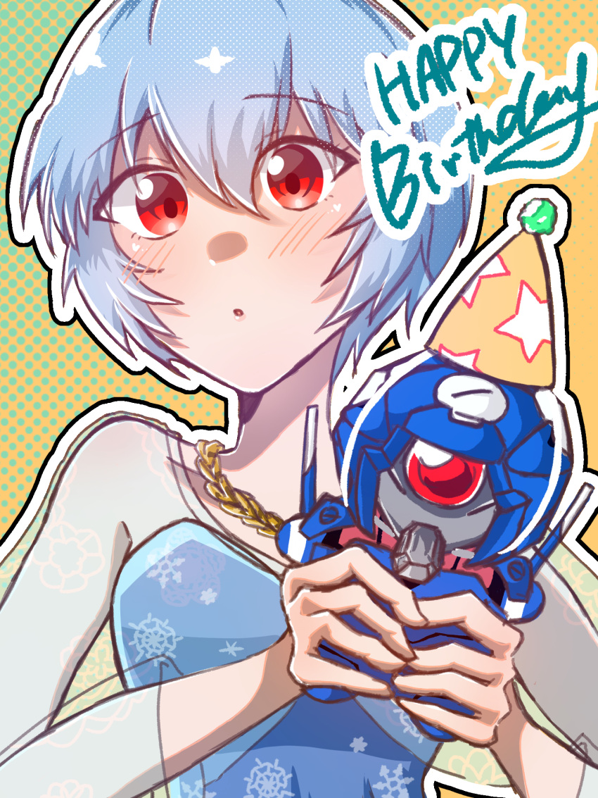 1girl, atukute_samui, ayanami_rei, bare_shoulders, birthday, blue_dress, blue_hair, blush