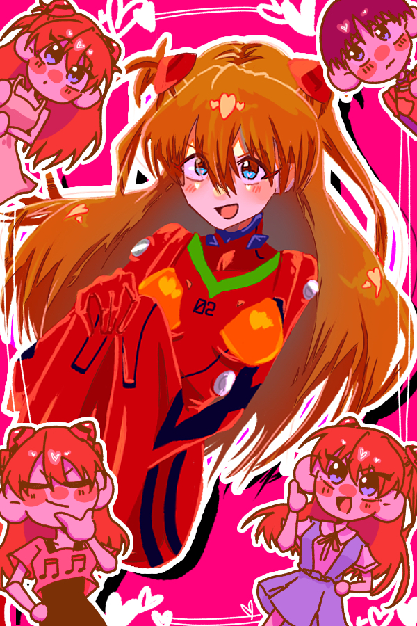 1boy, 1girl, atukute_samui, blue_eyes, blush, bodysuit, breasts, brown_hair, commentary_request, evangelion:_30th_anniversary_special_performance, hair_between_eyes, ikari_shinji, interface_headset_(evangelion), long_hair, mecha_pilot_suit, medium_breasts, neon_genesis_evangelion, plugsuit_(evangelion), red_bodysuit, smile, solo, souryuu_asuka_langley, two_side_up, well..