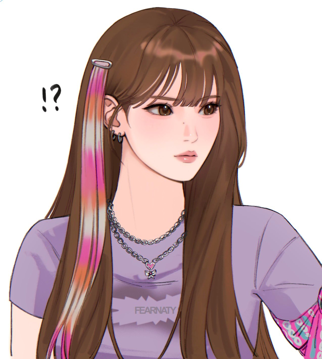 !?, 1girl, band_shirt, brown_hair, earrings, fearnaty, hair_behind_ear, hair_extensions