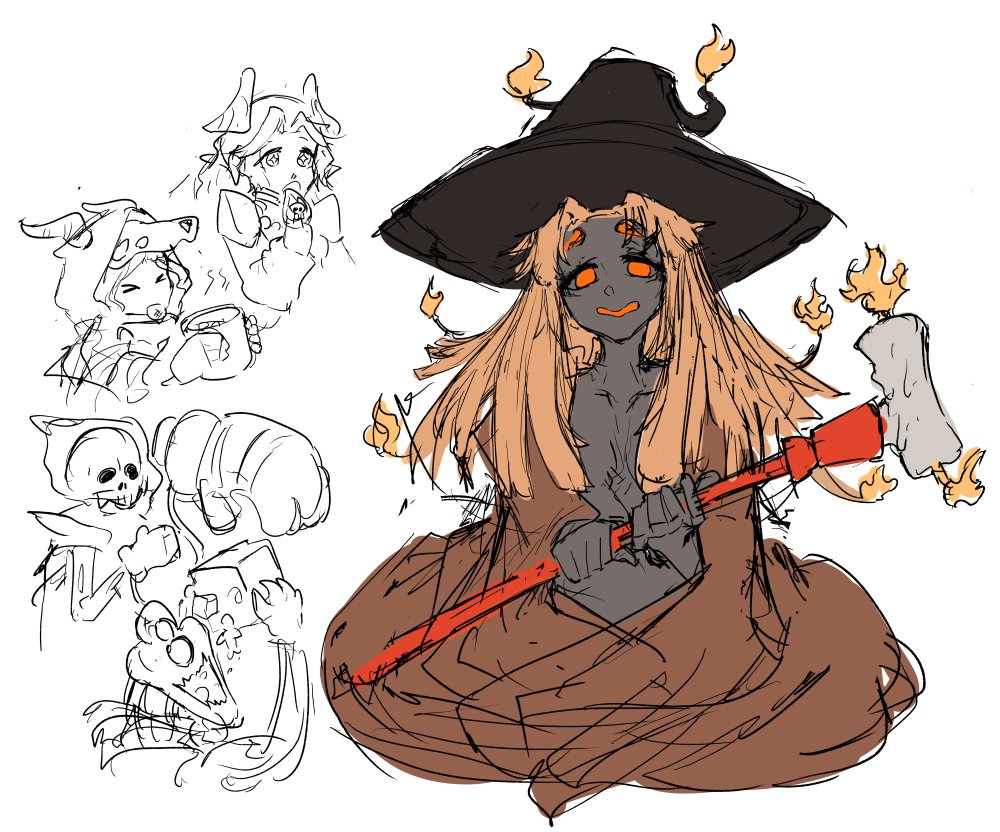 1girl, candle, cane, commentary_request, dark_skin, hat, large_hat, long_hair