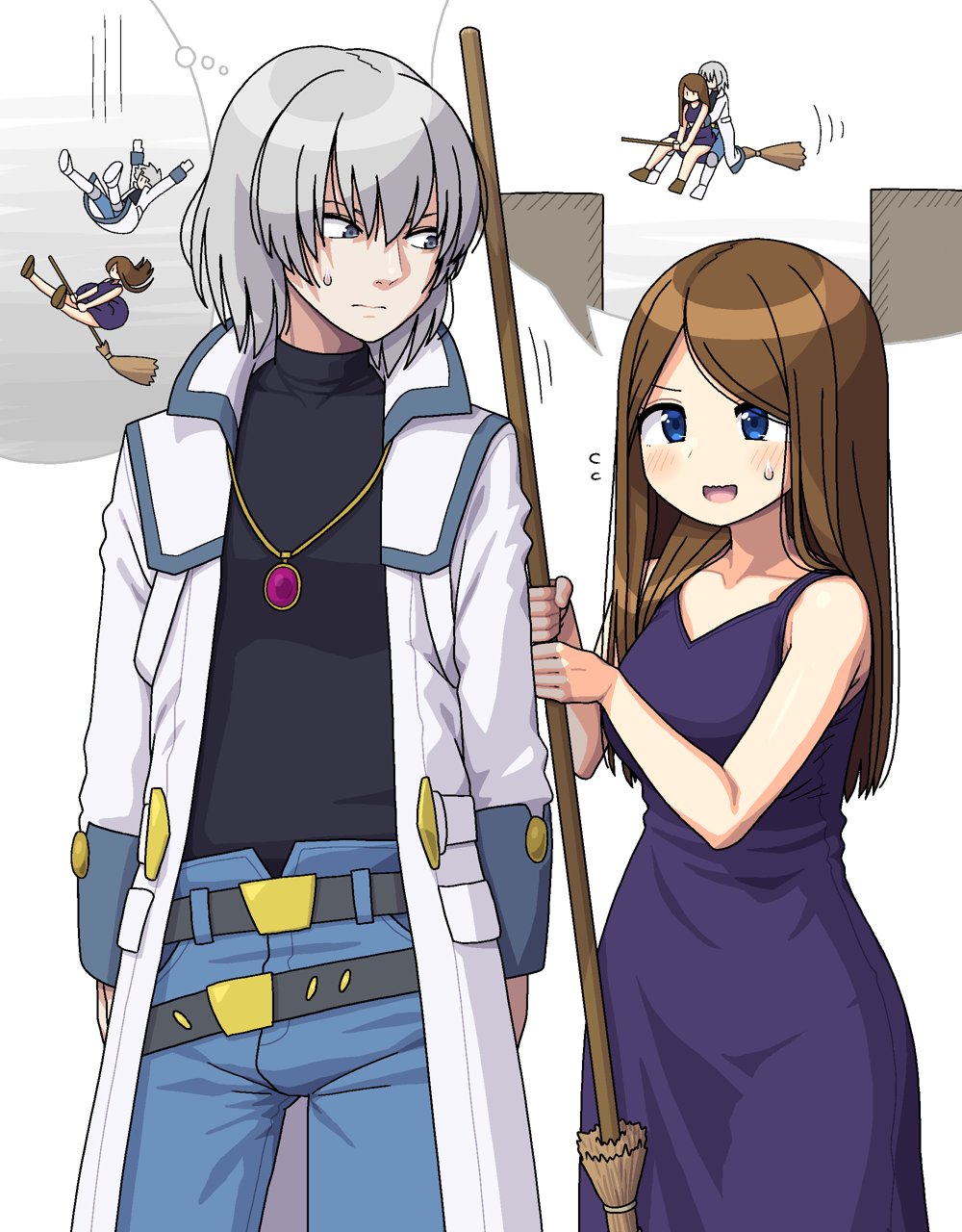 1boy, 1girl, :d, belt, black_belt, black_shirt, blue_eyes, broom, broom_riding, brown_hair, castlevania:_aria_of_sorrow, castlevania_(series), coat, collarbone, commentary_request, denim, dress, falling, flying_sweatdrops, grey_eyes, grey_hair, highres, holding, holding_broom, jeans, jewelry, long_hair, maruput, multiple_belts, pants, pendant, purple_dress, shirt, smile, soma_cruz, speech_bubble, spoken_character, student_witch, sweatdrop, thought_bubble, white_background, white_coat