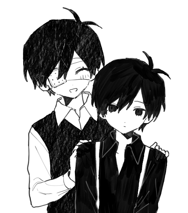 2boys, alternate_costume, alternate_sleeve_length, alternate_universe, brother_and_sister, closed_eyes, collared_shirt, commentary
