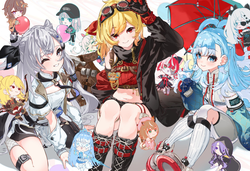 6+girls, adjusting_eyewear, airani_iofifteen, airani_iofifteen_(1st_costume), anya_melfissa, anya_melfissa_(indonesian_casual), area_15, arm_up
