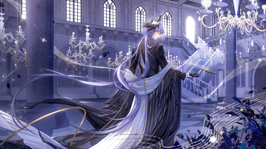 1boy, absurdly_long_hair, absurdres, arknights, back_cutout, black_gloves, black_robe, black_wings, chandelier, chinese_commentary, clothing_cutout, commentary_request, english_commentary, frost_bell, full_body, gloves, head_wings, highres, horns, indoors, logos_(arknights), logos_(radiant_serenity)_(arknights), long_hair, long_sleeves, looking_at_viewer, looking_back, male_focus, mixed-language_commentary, musical_staff, purple_hair, red_eyes, reflection, robe, smile, solo, stairs, very_long_hair, wand, wide_sleeves, window, wings