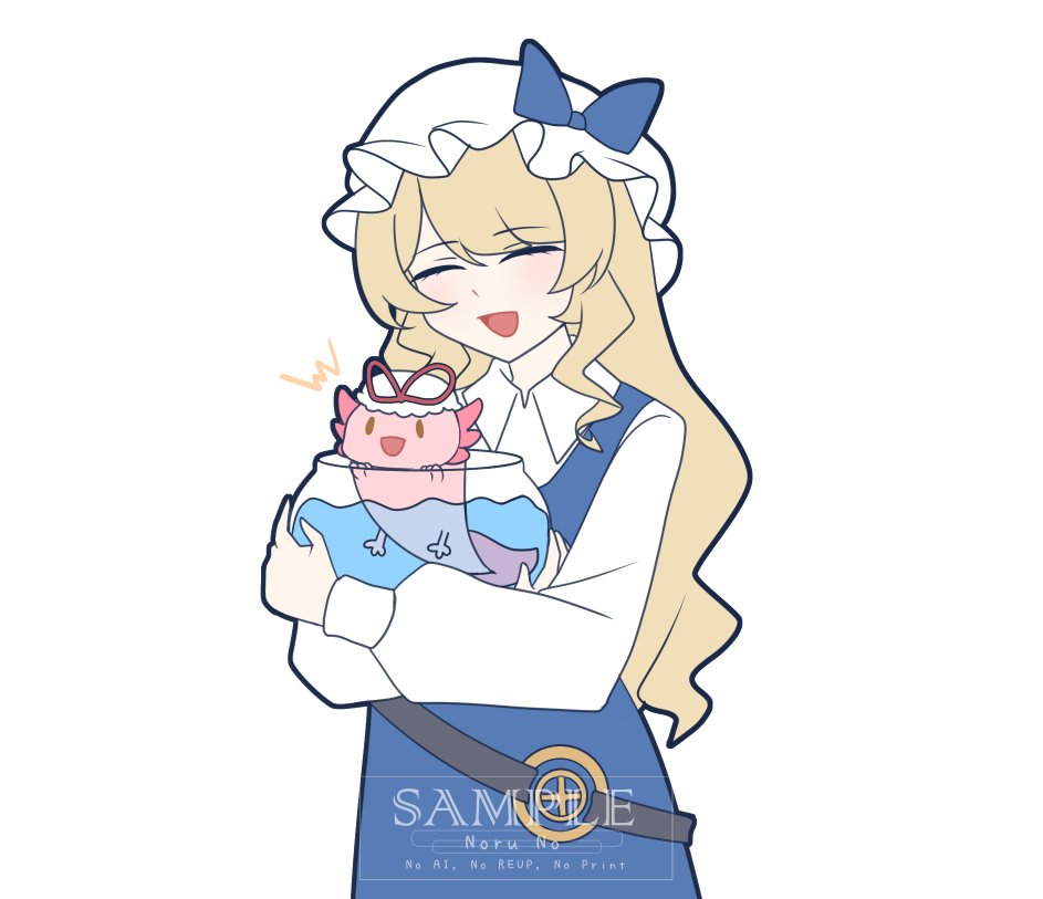 1girl, animal, animalization, axolotl, belt, black_belt, blonde_hair, blue_bow
