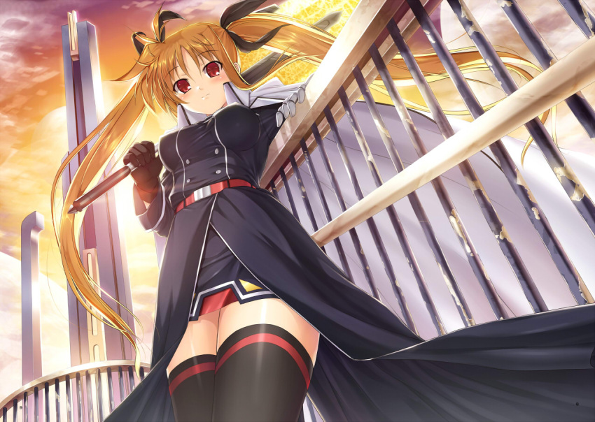 bardiche, belt, black_legwear, blonde_hair, blush, breasts, cape, cloud