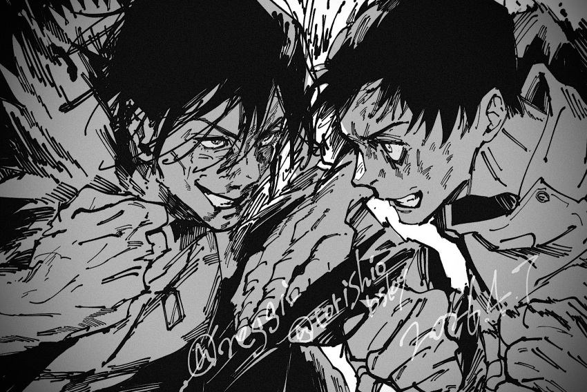 2boys, black_hair, clenched_hands, dated, fighting, fur-trimmed_jacket, fur_trim, grin