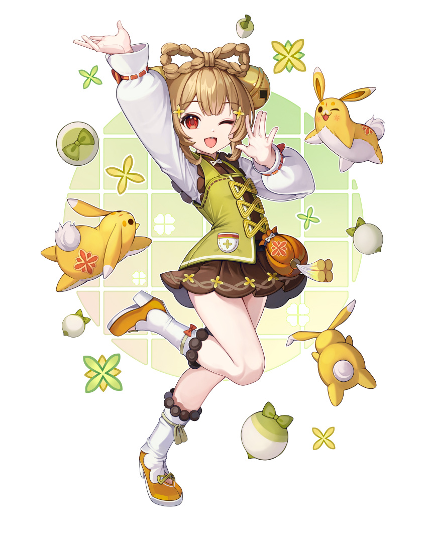 1girl, absurdres, ankle_boots, arm_up, backpack_basket, basket, bell, belt_pouch