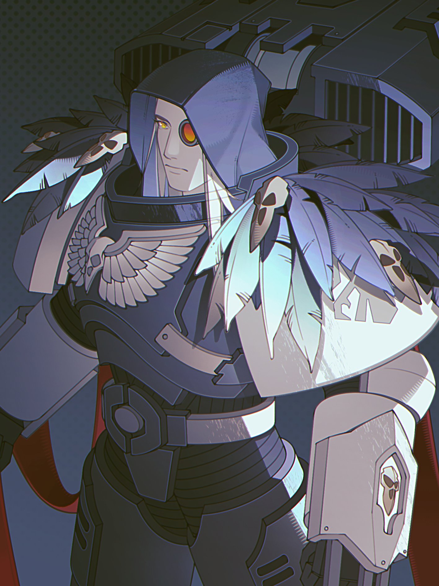 1boy, adeptus_astartes, armor, black_feathers, blonde_hair, cape, commentary, feathers