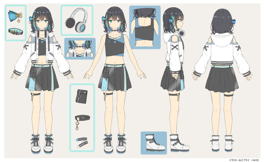 1girl, a-pose, artist_name, bare_shoulders, belt, black_choker, black_hair, black_shirt