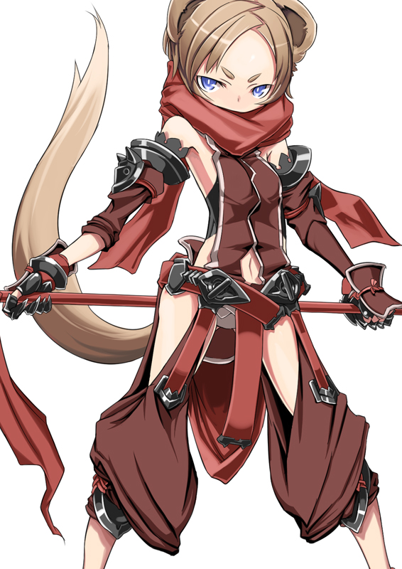 bare_shoulders, belt, beltskirt, blue_eyes, brown_hair, detached_sleeves, gauntlets, hips