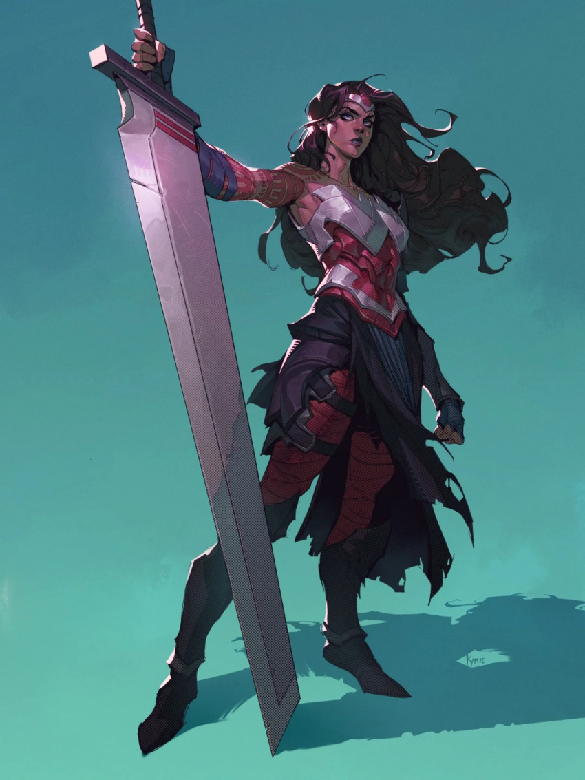 1girl, absolute_dc, absolute_wonder_woman, amazon_warrior, arm_wrap, armor, black_hair, dc_comics