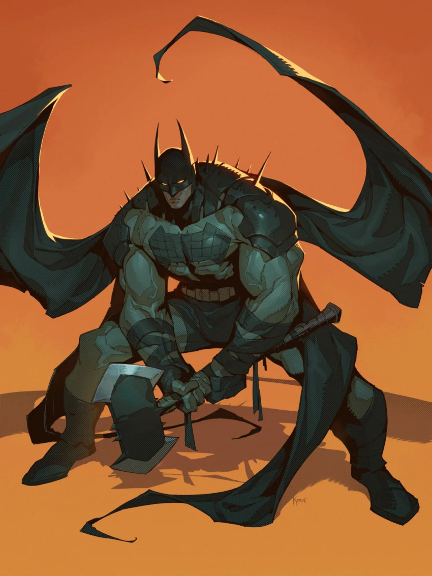 1boy, absolute_batman, absolute_dc, axe, back_spikes, bat_mask, batman, batman_(absolute_dc)