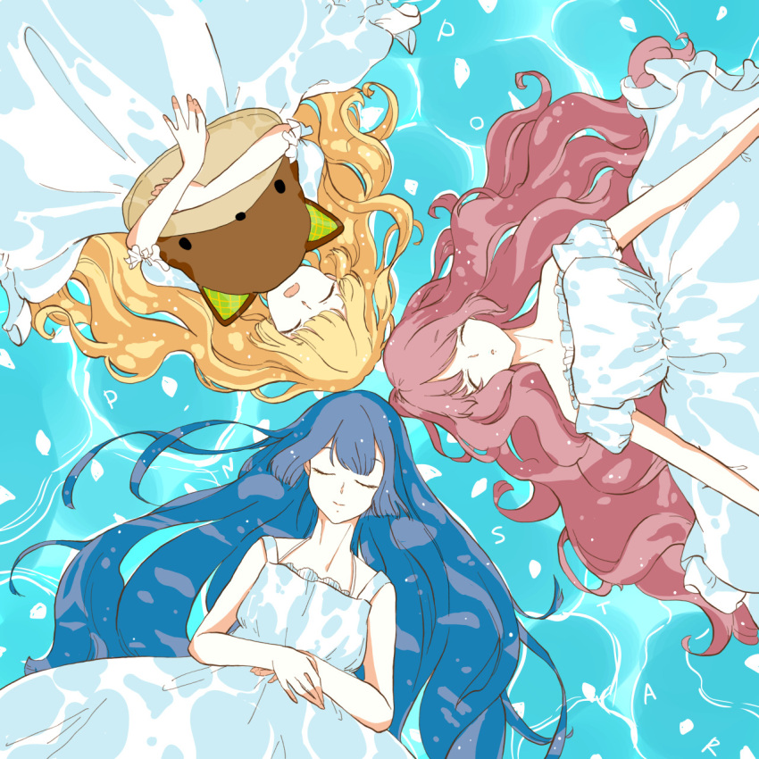 3boys, afloat, bare_shoulders, blonde_hair, blue_hair, blunt_bangs, closed_eyes, closed_mouth