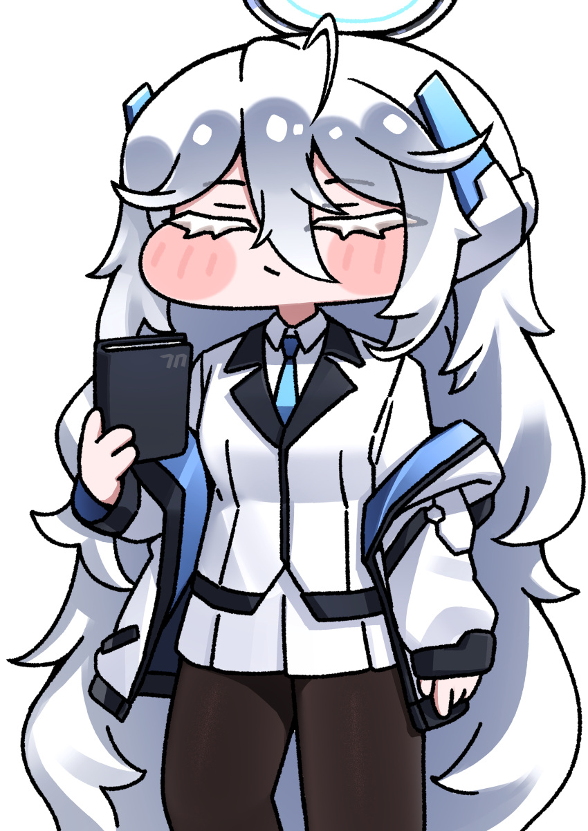 1girl, absurdres, black_pantyhose, blue_archive, blue_necktie, book, chibi, chibi_only