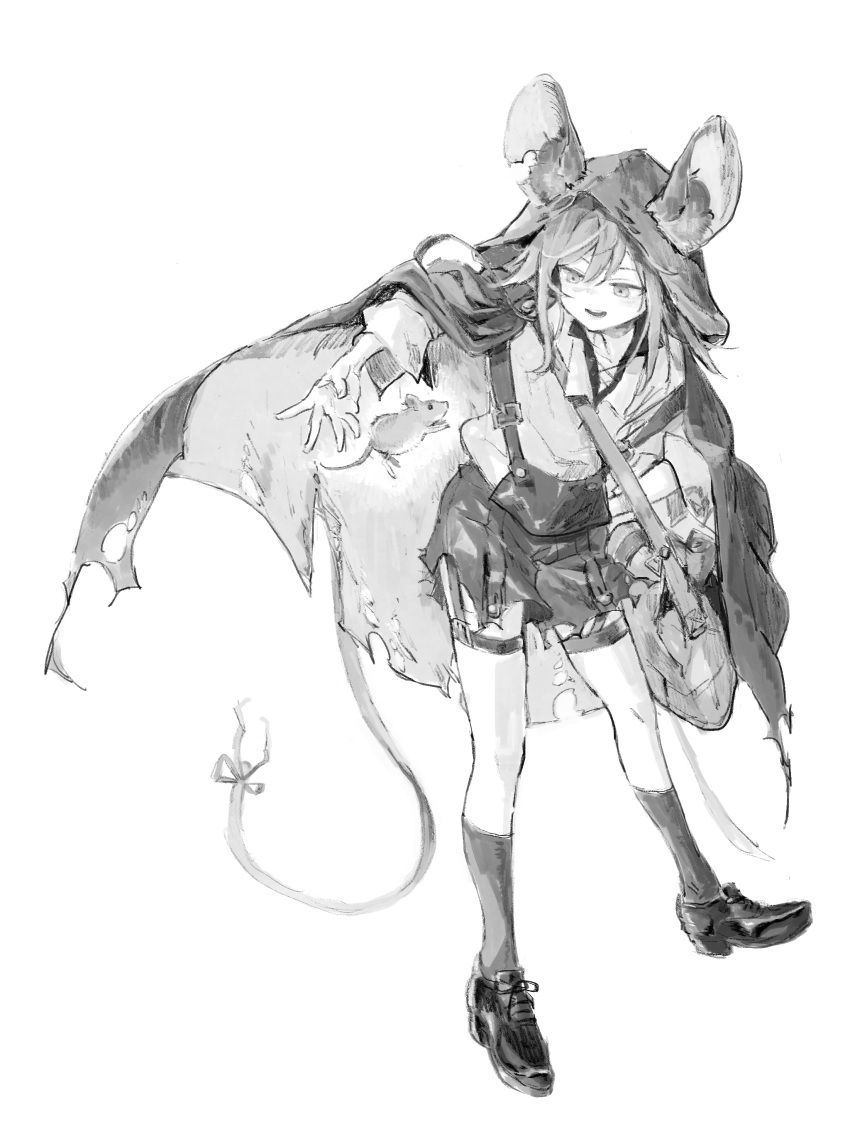 1girl, absurdres, animal_ears, bag, cloak, commentary, full_body, hair_between_eyes