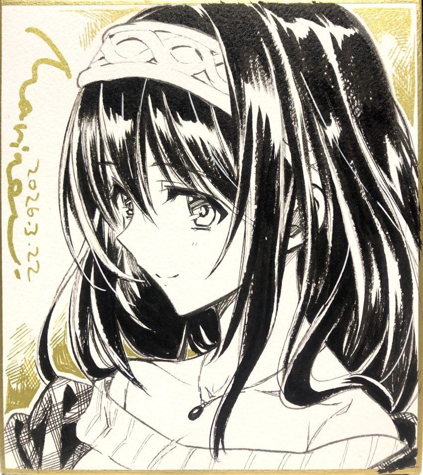 1girl, black_hair, collarbone, commentary_request, dated, gold_background, hair_between_eyes, hairband