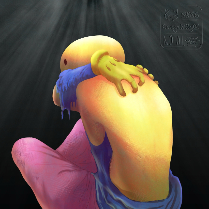 1boy, bald, body_horror, canon_event, colored_skin, commentary, from_behind, gloves, highres, jax_(the_amazing_digital_circus), kitty-i-swear-to-gosh, male_focus, no_skin, peeled_jax, peeling_skin, rabbit_boy, scene_reference, skin_pull, skinned, solo, the_amazing_digital_circus, torn_skin, yellow_skin