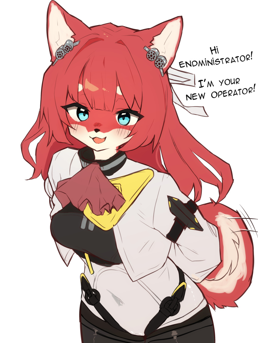 1girl, absurdres, akekuri_(arknights), animal_ears, arknights, arknights:_endfield, arms_behind_back, ascot, blue_eyes, breasts, commentary, covered_navel, curled_tail, dog_ears, dog_girl, dog_tail, english_text, furrification, furry, furry_female, highres, lilkon, long_hair, medium_breasts, motion_lines, red_ascot, red_fur, red_hair, shiba_inu, simple_background, tail, thick_eyebrows, white_background, white_fur