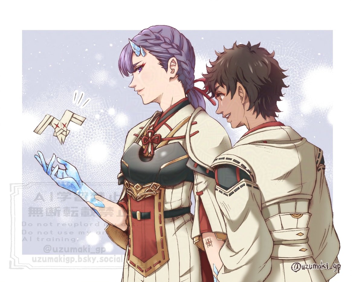 1boy, 1girl, artist_name, border, braid, brown_hair, closed_mouth, commentary_request