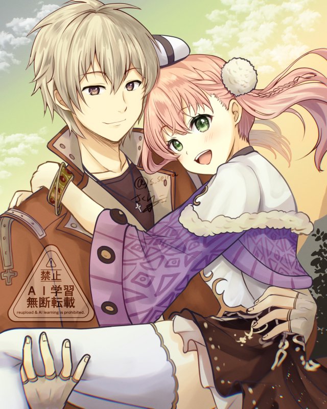 1boy, 1girl, :d, atelier_(series), atelier_escha_&amp;_logy, black_skirt, carrying, carrying_person