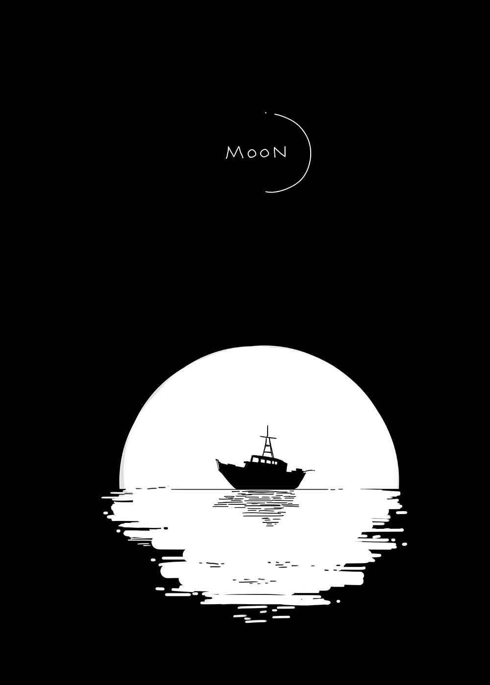 boat, english_text, greyscale, highres, luminous_slime, minimalist, monochrome, moon