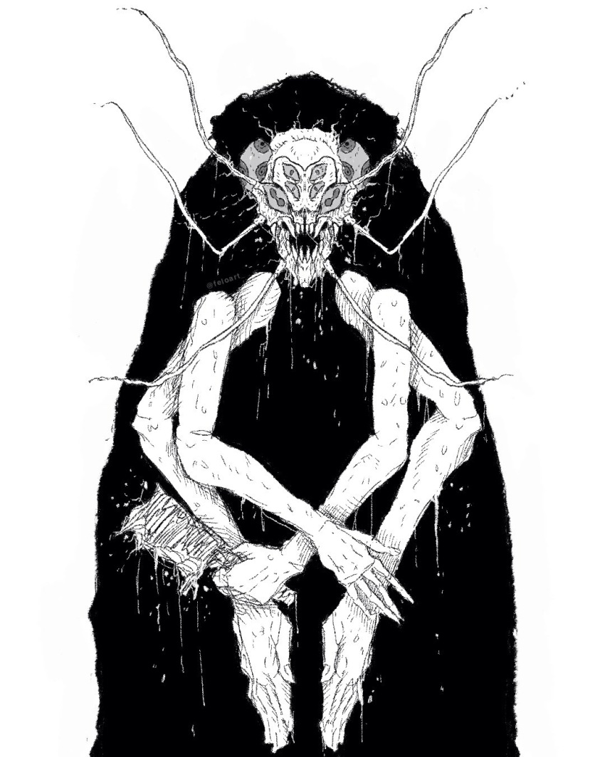 1other, antennae, bug, cleaver, cockroach, commentary, cursed_spirit_(jujutsu_kaisen), dripping, english_commentary, extra_arms, extra_eyes, extra_pupils, feloart, festering_life_sword, greyscale, highres, holding, holding_cleaver, jujutsu_kaisen, kurourushi_(jujutsu_kaisen), monochrome, monster, monster_focus, open_mouth, sharp_teeth, simple_background, teeth, white_background