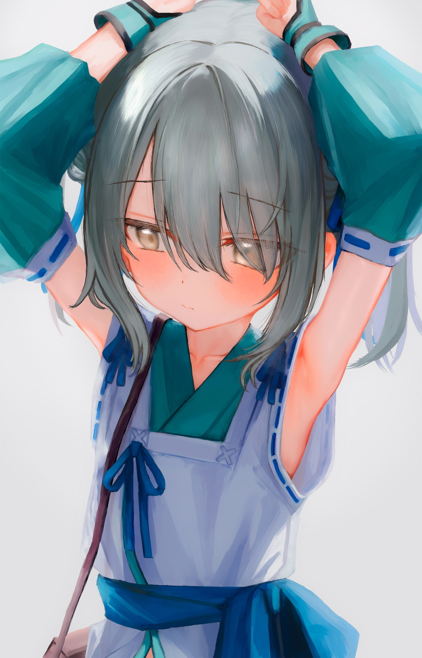 1girl, absurdres, armpits, arms_up, averting_eyes, bare_shoulders, blush, closed_mouth
