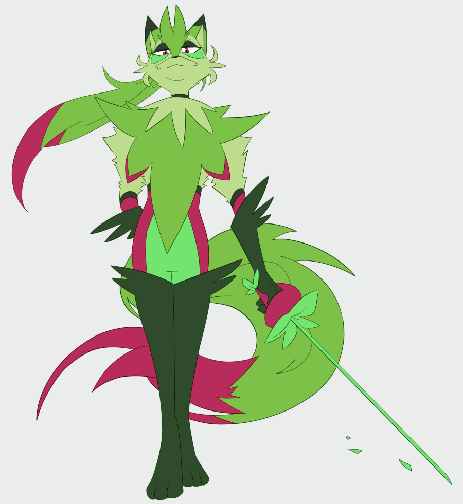 1boy, body_fur, boots, cat, cat_boy, commentary, design_speculation, drawfee, english_commentary, fakemon, furry, green_fur, green_hair, holding, holding_sword, holding_weapon, karina_farek, pokemon, pokemon_(creature), sprigatito_(karina_farek), sword, tail, thigh_boots, weapon