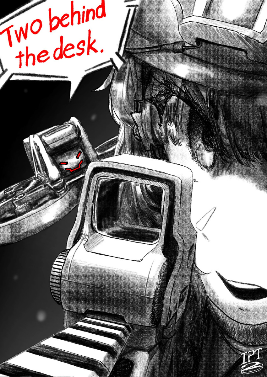1girl, aiming, black_background, drone, english_text, from_behind, highres, imponte1232