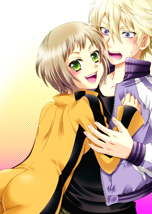 blonde_hair, blush, bruce_lee's_jumpsuit, bruce_lee's_jumpsuit, green_eyes, huang_baoling, ivan_karelin, jacket, letterman_jacket, male, purple_eyes, purple_jacket, short_hair, surprised, tiger_&amp;_bunny, violet_eyes, yuzuki_yua